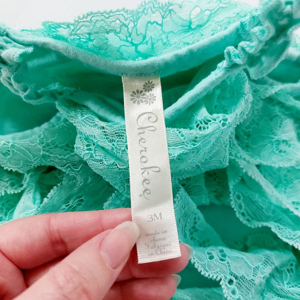 Mint/Aqua/Sea Green Lace Ruffle Romper‎ size 3m Cherokee